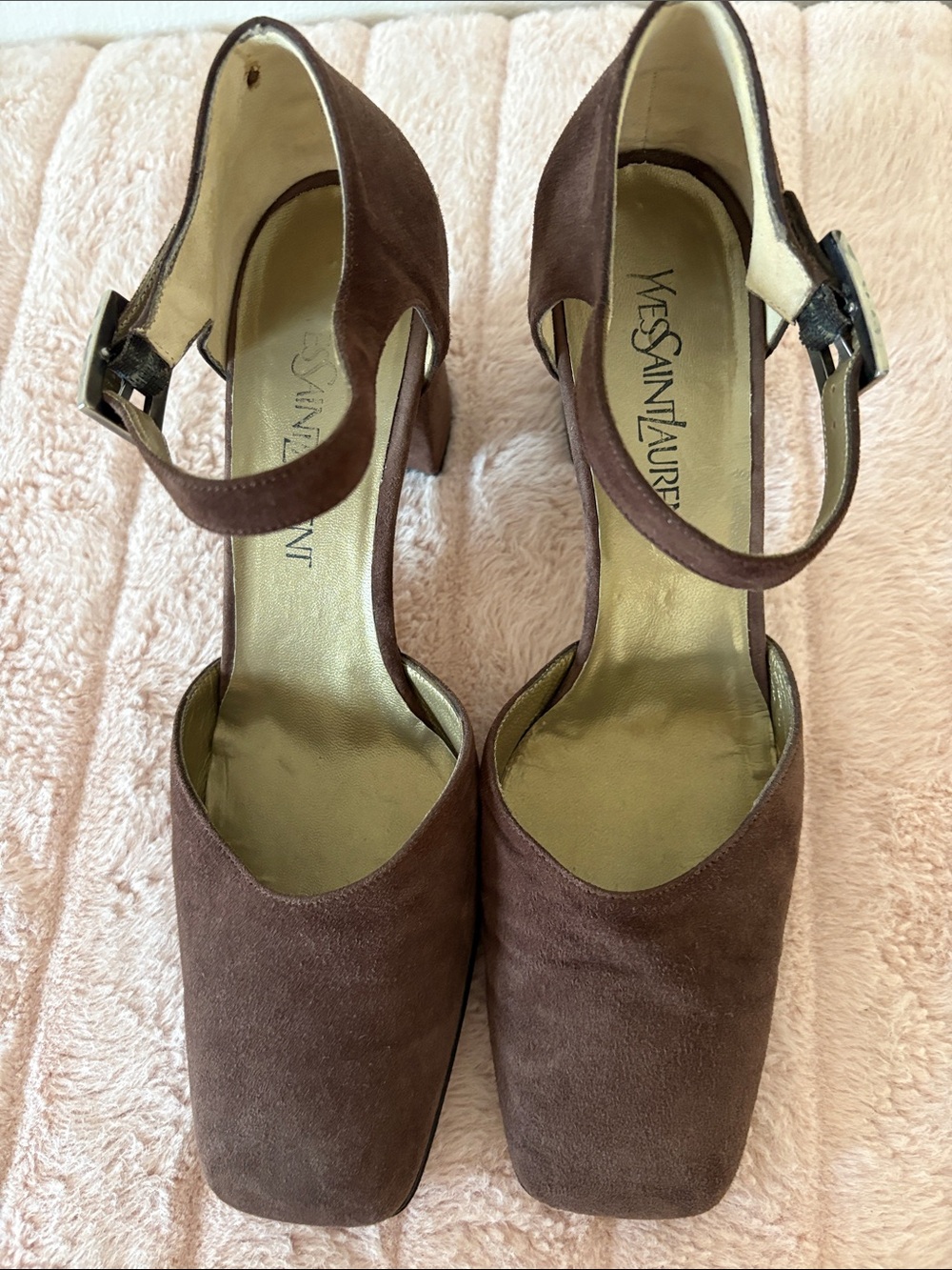 Yves Saint Laurent Vintage Chocolate Brown Suede Mary Jane Block Heels